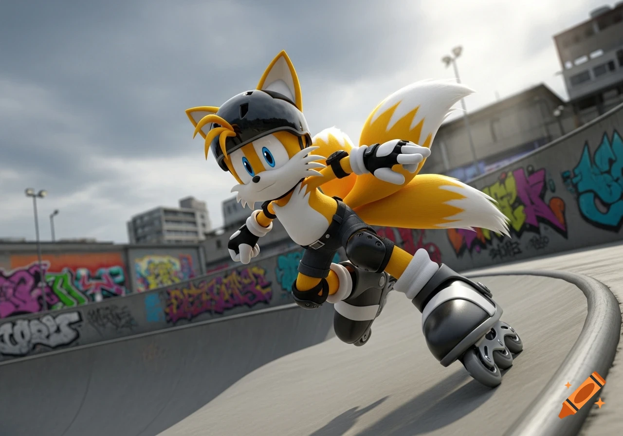 Tails from Sonic rollerblades in a black helmet and pads at a graffiti-covered skatepark under a cloudy sky.