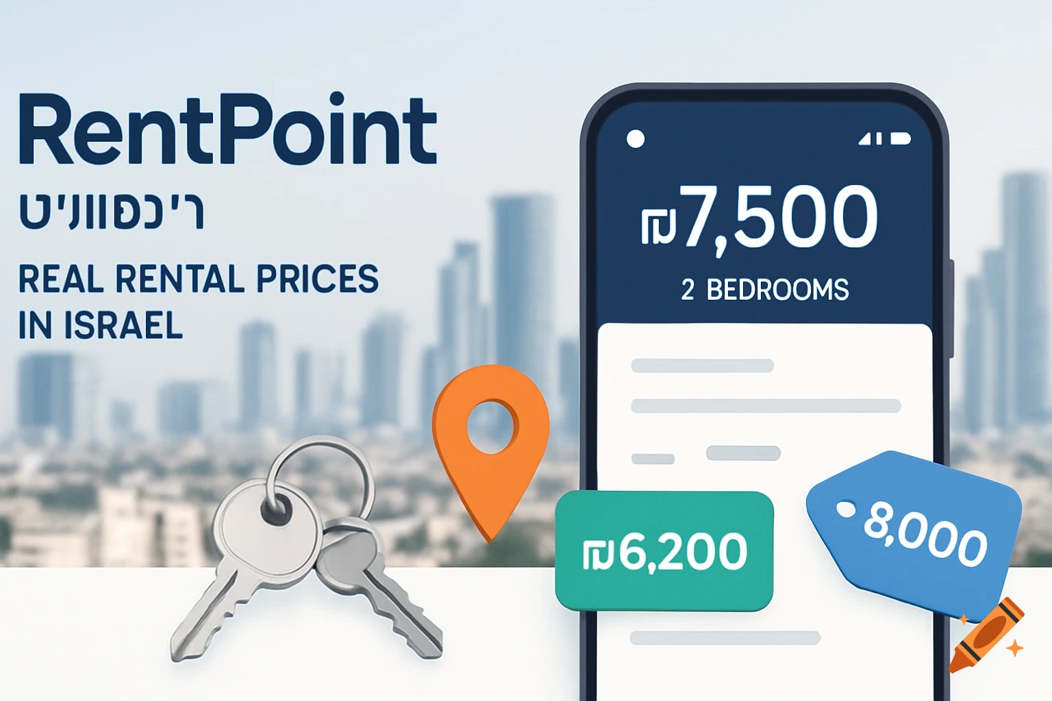 A marketing graphic for 'RentPoint' showing apartment keys, a location pin, and a smartphone displaying rental prices in Israel against a blurred city skyline.