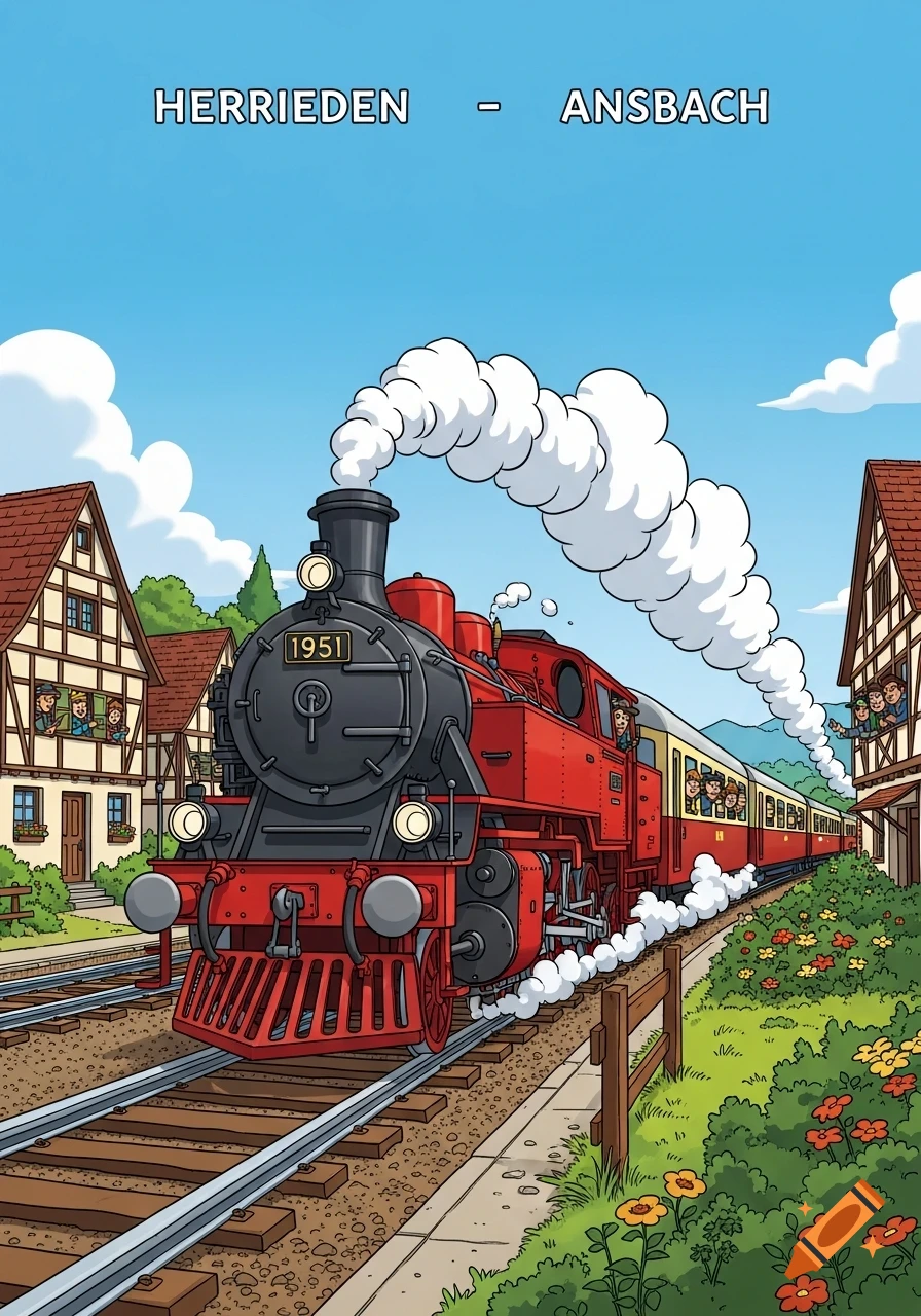 A red and black steam train with "1951" on its front steams through a cartoon village, passing houses with people looking out windows.