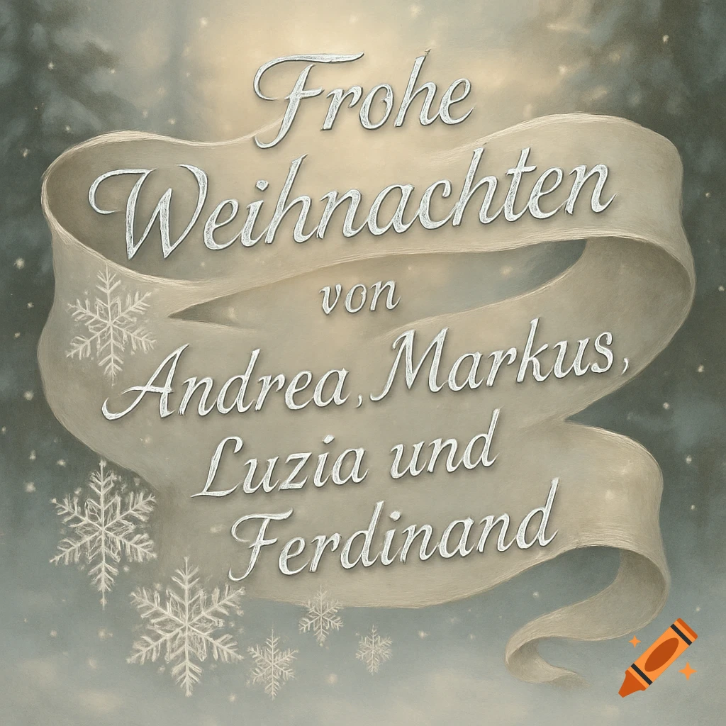 A festive banner with "Frohe Weihnachten von Andrea, Markus, Luzia und Ferdinand" and snowflakes on a glowing, snowy background.