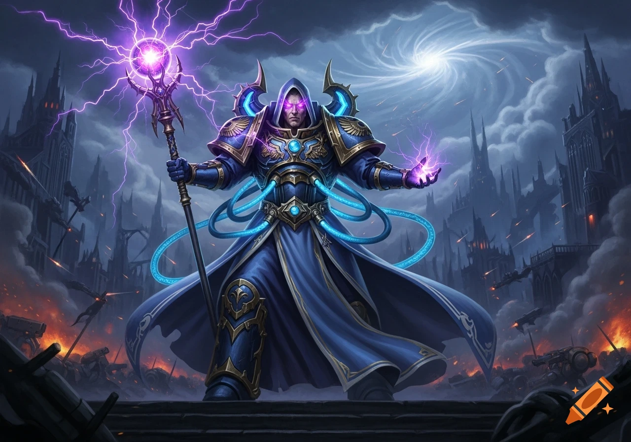A powerful fantasy wizard in blue and gold armor casts purple lightning magic, standing in a war-torn dark city under a stormy sky.