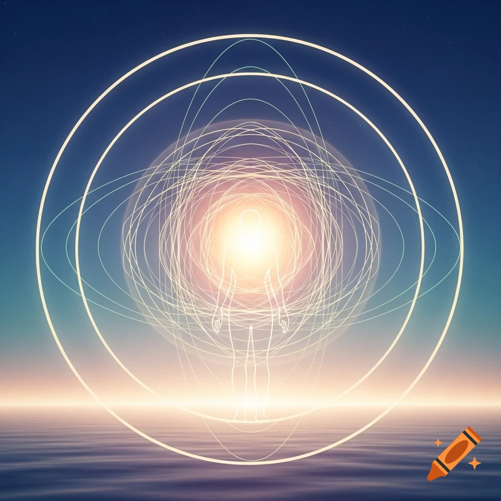 A glowing outline of a human figure stands over water, surrounded by luminous, concentric geometric rings against a serene gradient sky.