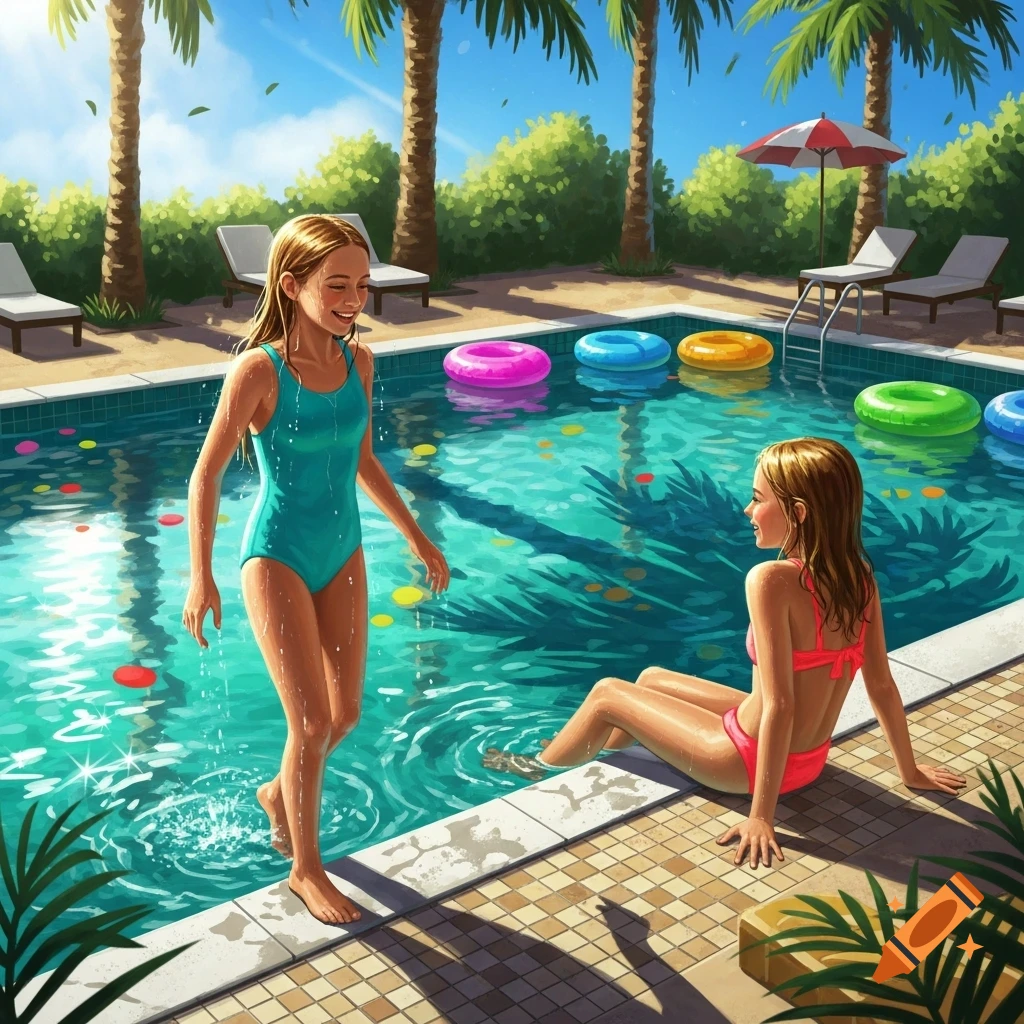 Vibrant illustration of two girls enjoying a sunny day at a swimming pool with palm trees.