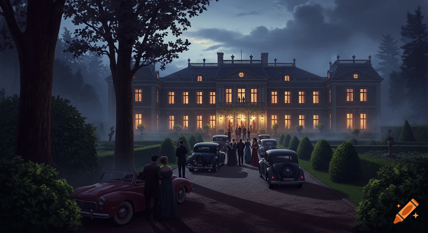 An elegant, illuminated manor house at dusk, surrounded by manicured gardens, with formally dressed guests and vintage cars parked on the driveway.