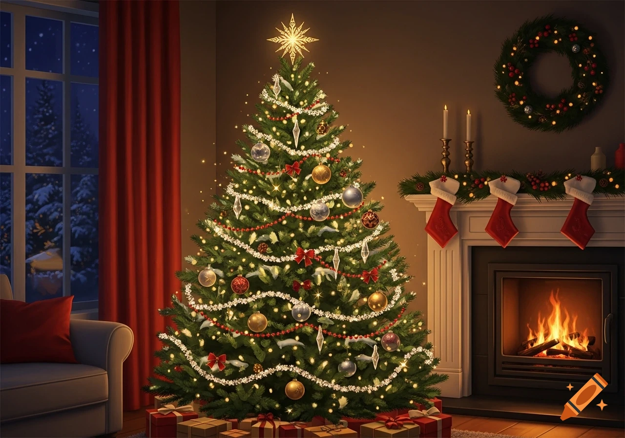 A lit Christmas tree with presents sits by a cozy fireplace and a window showing a snowy winter night.