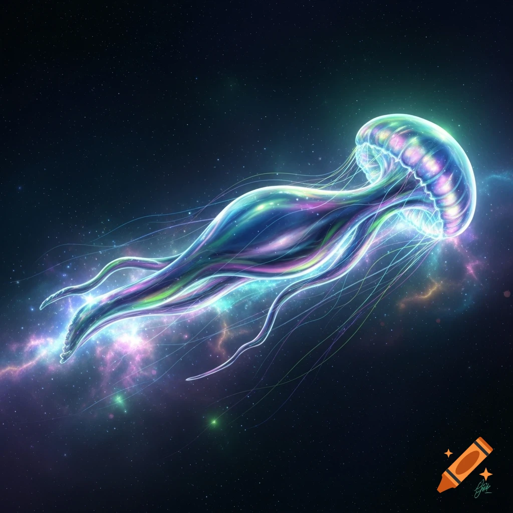 Luminous, ethereal jellyfish-like creature with glowing tentacles floats through a vibrant nebula in deep space.
