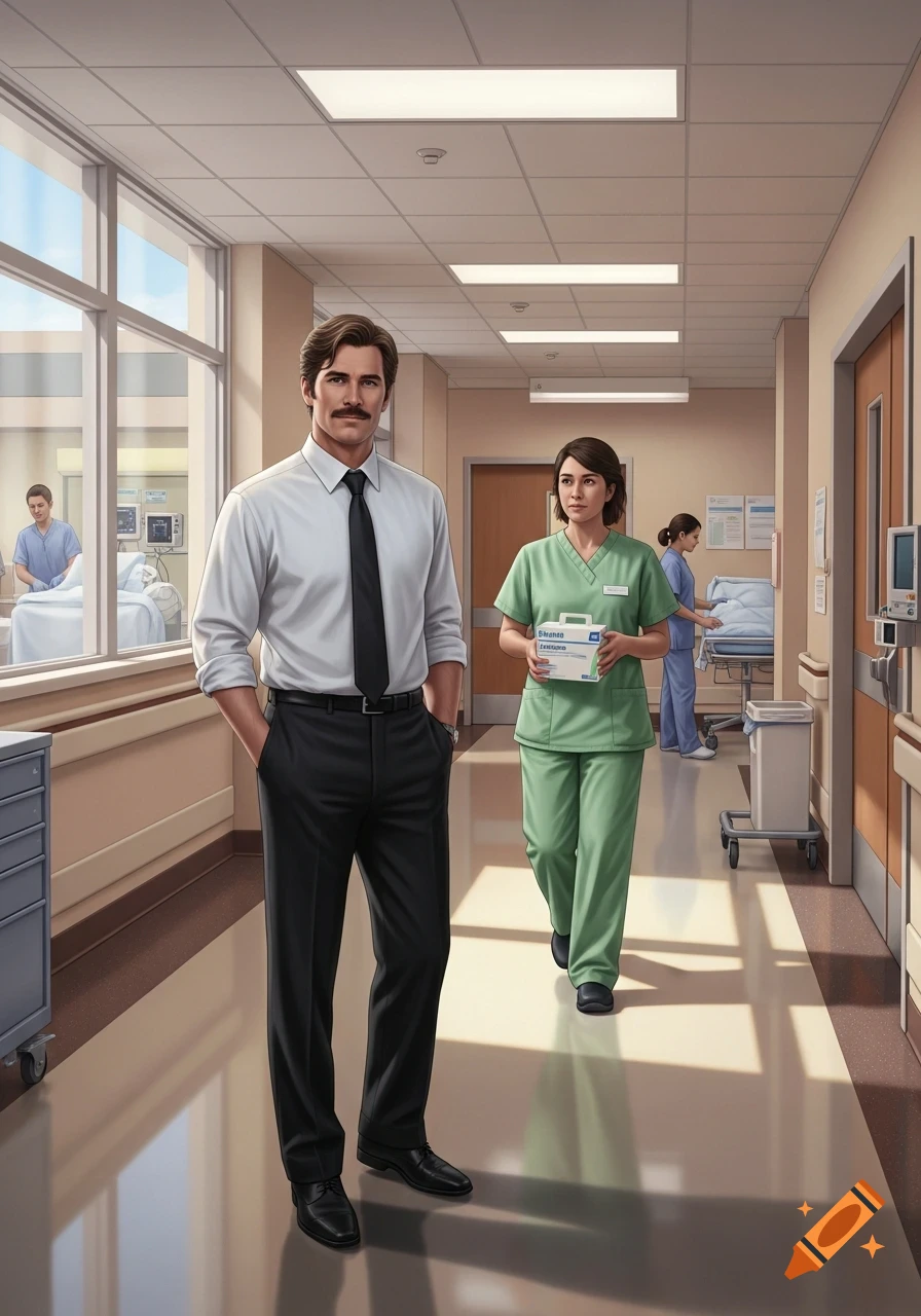 A man in a suit and a nurse holding a medicine box walk through a hospital hallway with a patient in the background.