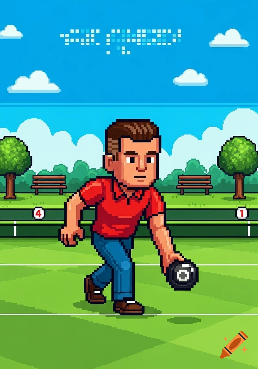 Pixel art of a man in a red shirt and blue pants playing lawn bowls on a green field in a park setting.