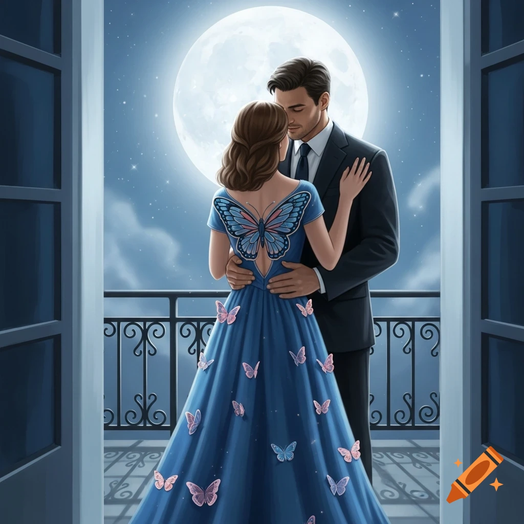 Illustrative image of a couple embracing on a balcony at night under a full moon, the woman in a blue butterfly dress.