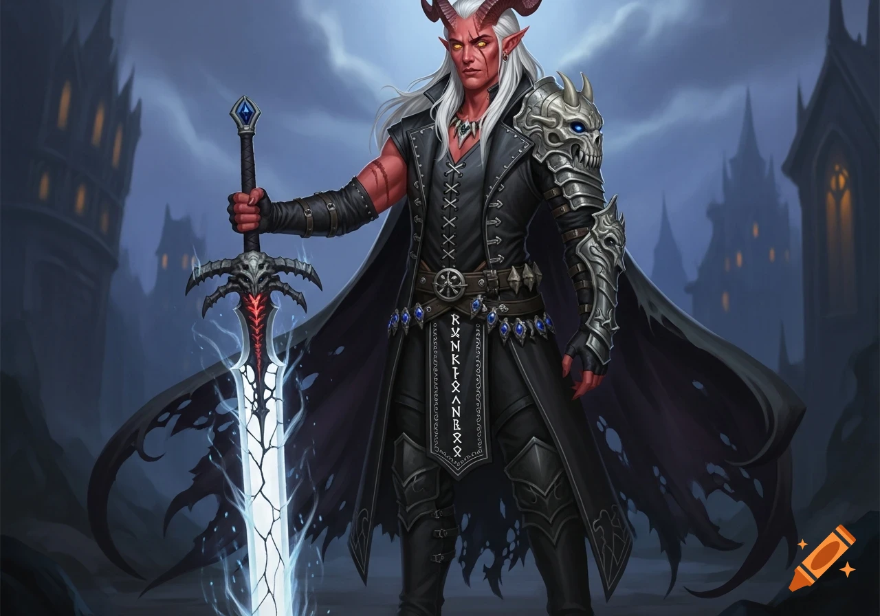 A red-skinned male tiefling with white hair, horns, and glowing eyes, dressed in black gothic armor with a skull pauldron and a tattered cloak, holding a glowing, cracked sword in a dark castle setting.