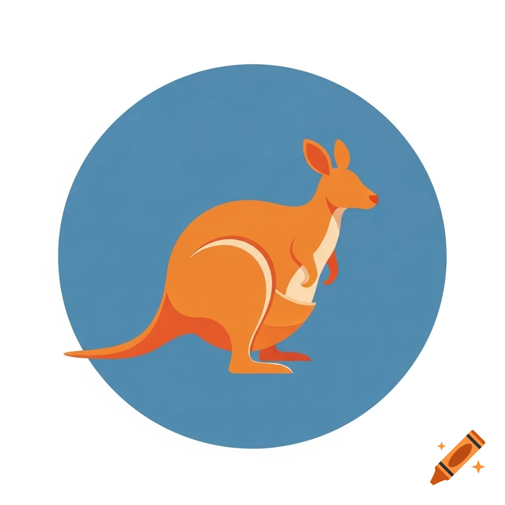 An orange kangaroo with a white belly standing in profile inside a blue circle, in a flat illustration style.