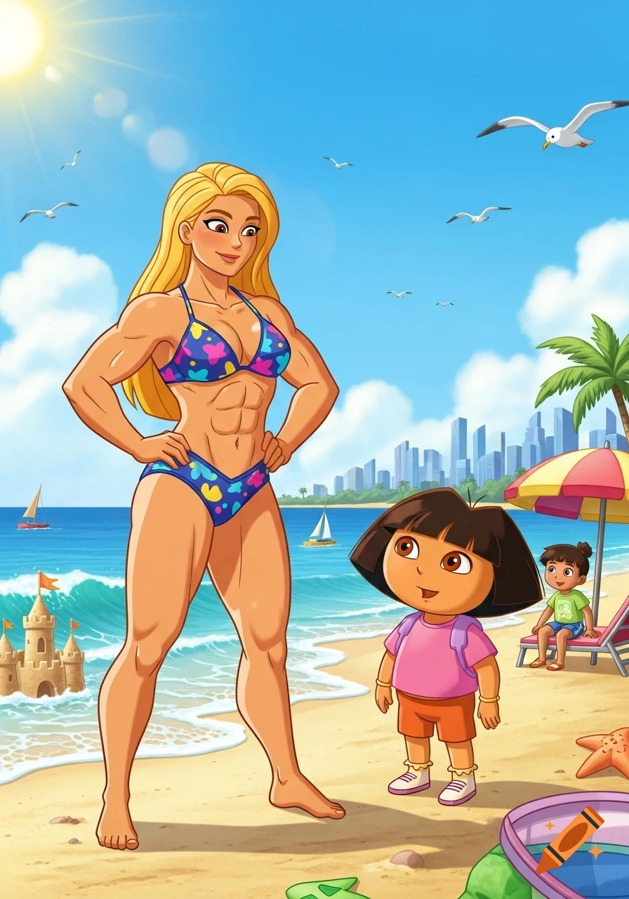 Cartoon of a muscular blonde woman in a bikini, Dora the Explorer, and another child on a sunny beach with a sandcastle and city skyline.