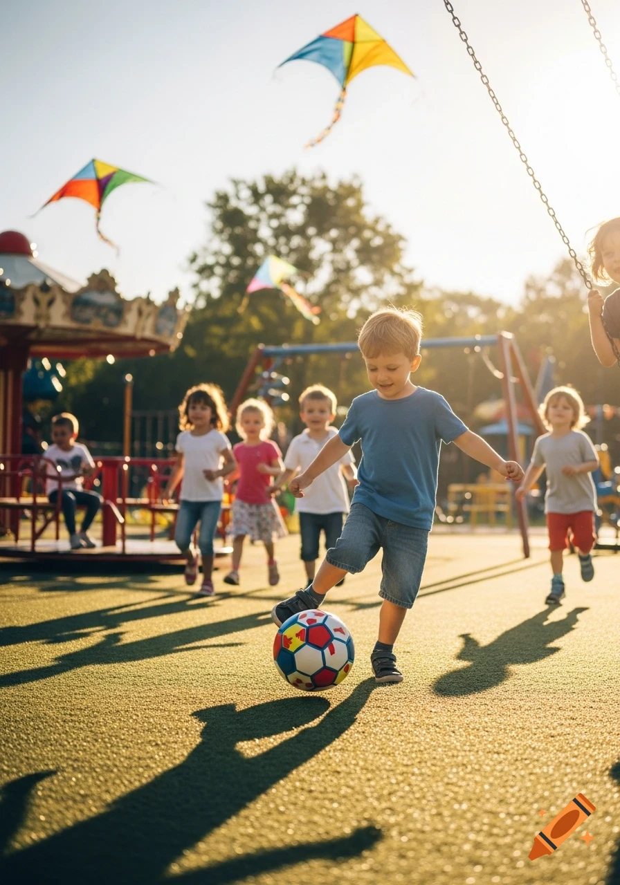A boy kicks a soccer ball in a sunny park with other children playing and kites flying in the background.