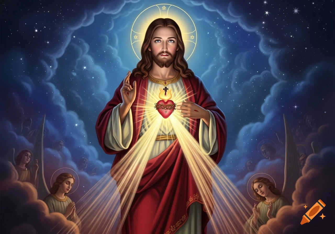 Jesus Christ with a sacred heart, surrounded by light rays and praying angels against a starry, cloudy night sky, in a vibrant religious art style.