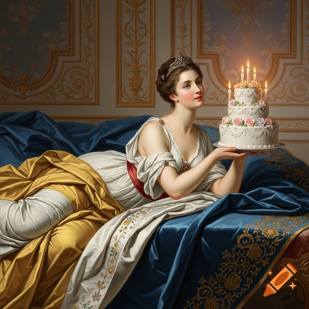 A woman in a classical painting style reclines on a lavish blue and gold couch, holding a three-tier birthday cake with lit candles.
