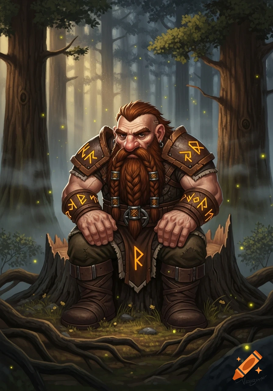 A disgruntled dwarf with a long braided red beard sits on a tree stump in a misty forest, wearing leather armor adorned with glowing runes.