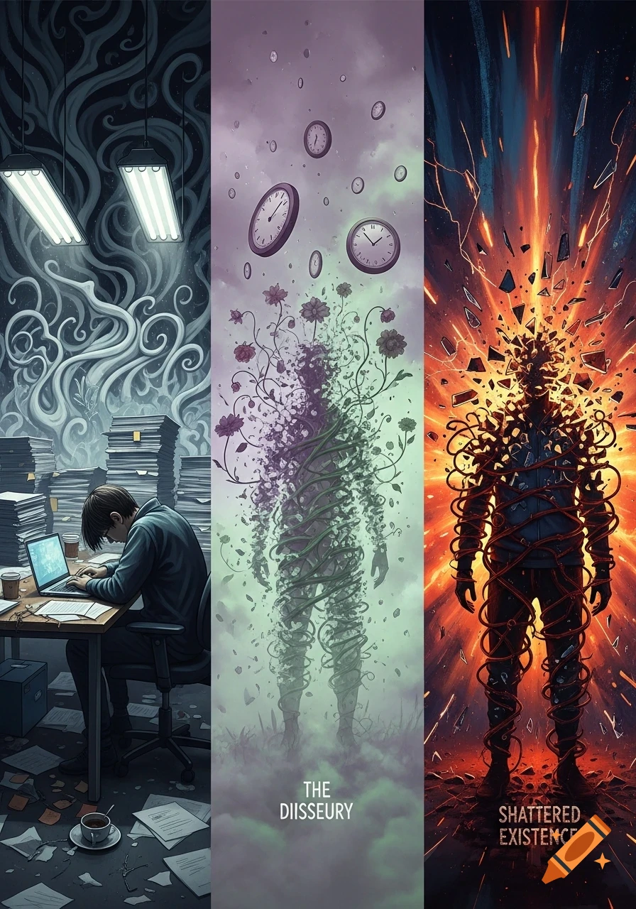 Triptych illustrating burnout: a person working at a messy desk, a figure dissolving into vines and clocks, and a figure shattering into flames.