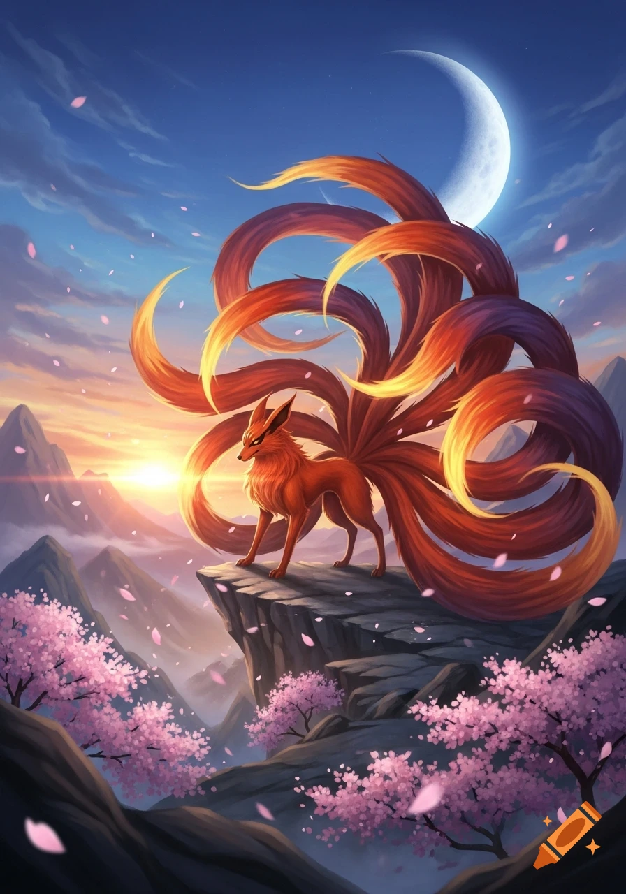 A majestic orange nine-tailed fox stands on a cliff overlooking a mountain valley with cherry blossoms, under a sunset sky and a crescent moon in a digital art style.