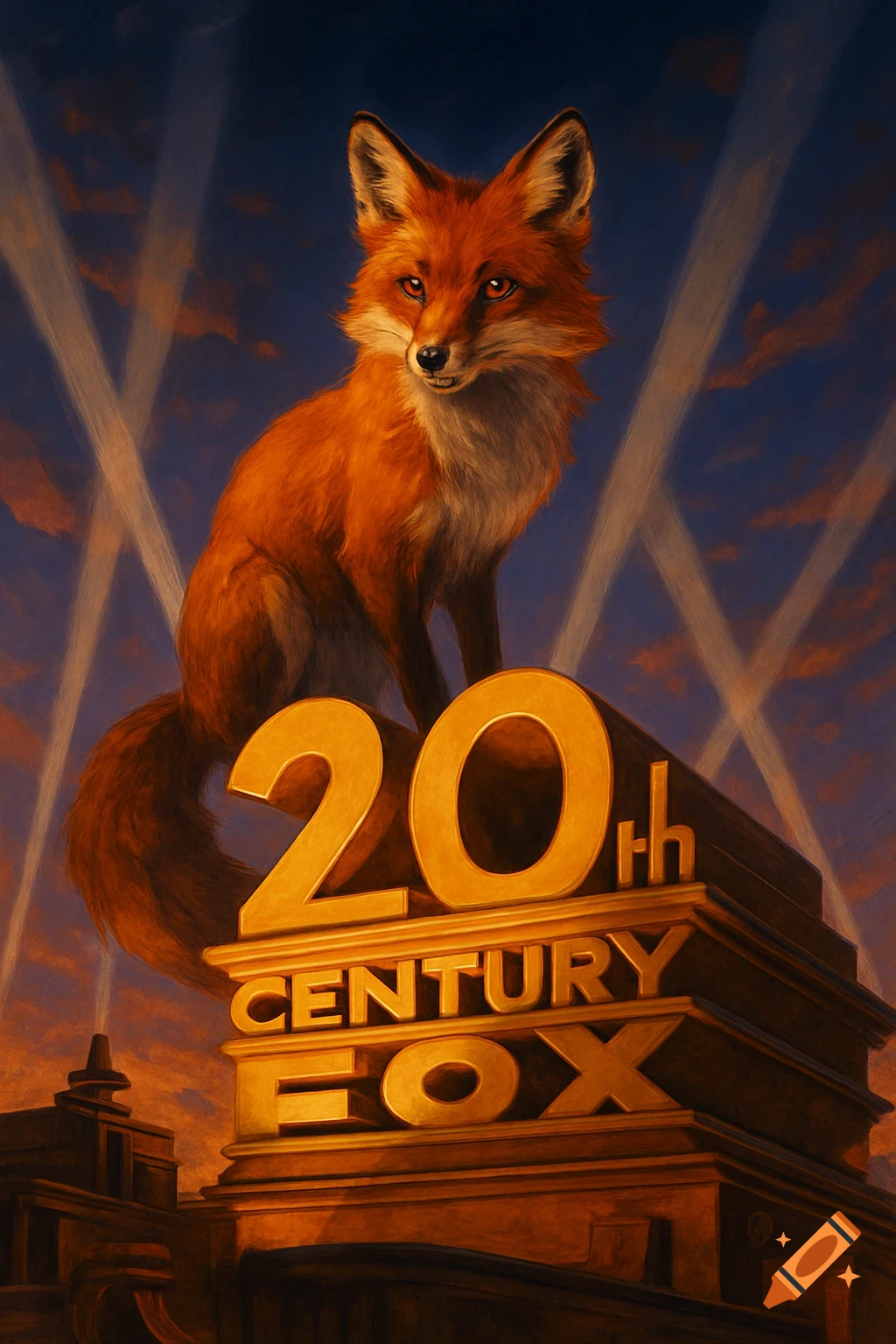 A realistic red fox sits on the golden 20th Century Fox logo, with dramatic searchlights in the background.