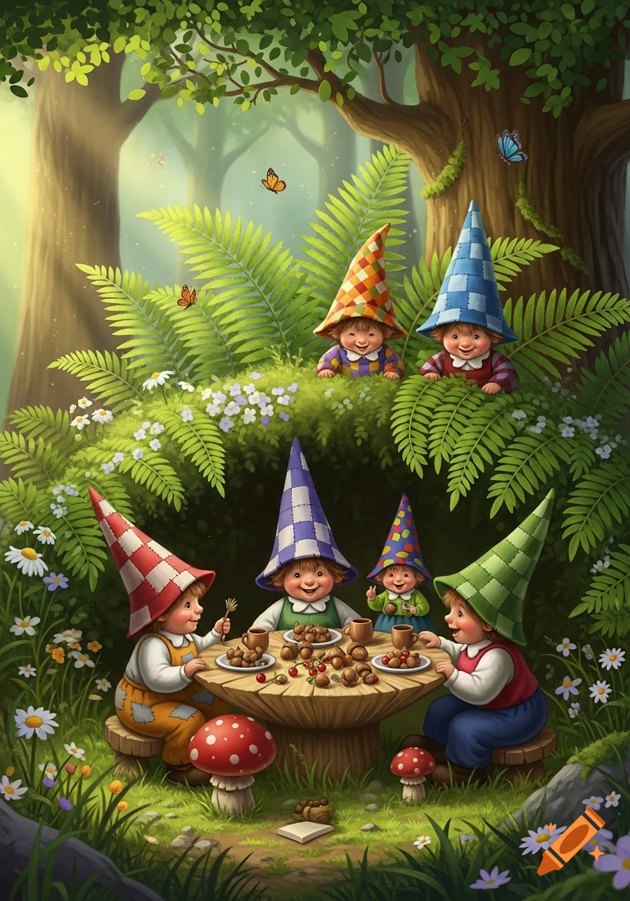 Cute gnomes with colorful hats having a picnic in a magical forest clearing filled with ferns, flowers, and mushrooms.