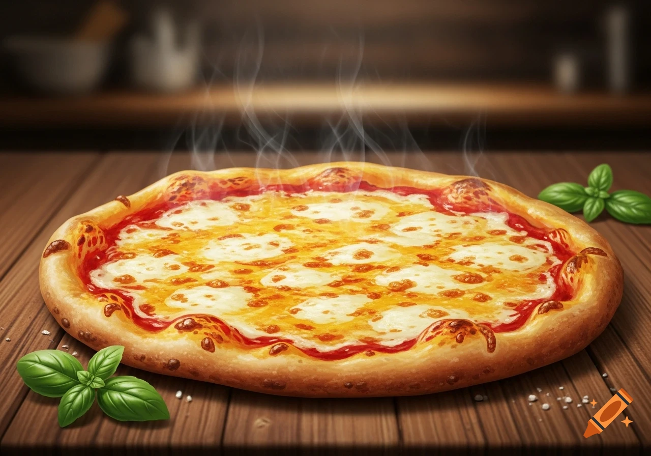 A hot, steaming cheese pizza with melted mozzarella and fresh basil leaves on a rustic wooden table.