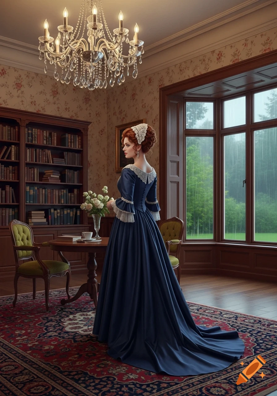 A woman in a navy historical gown and lace cap stands in a grand room with bookshelves, a chandelier, and a large window looking out at a rainy landscape.