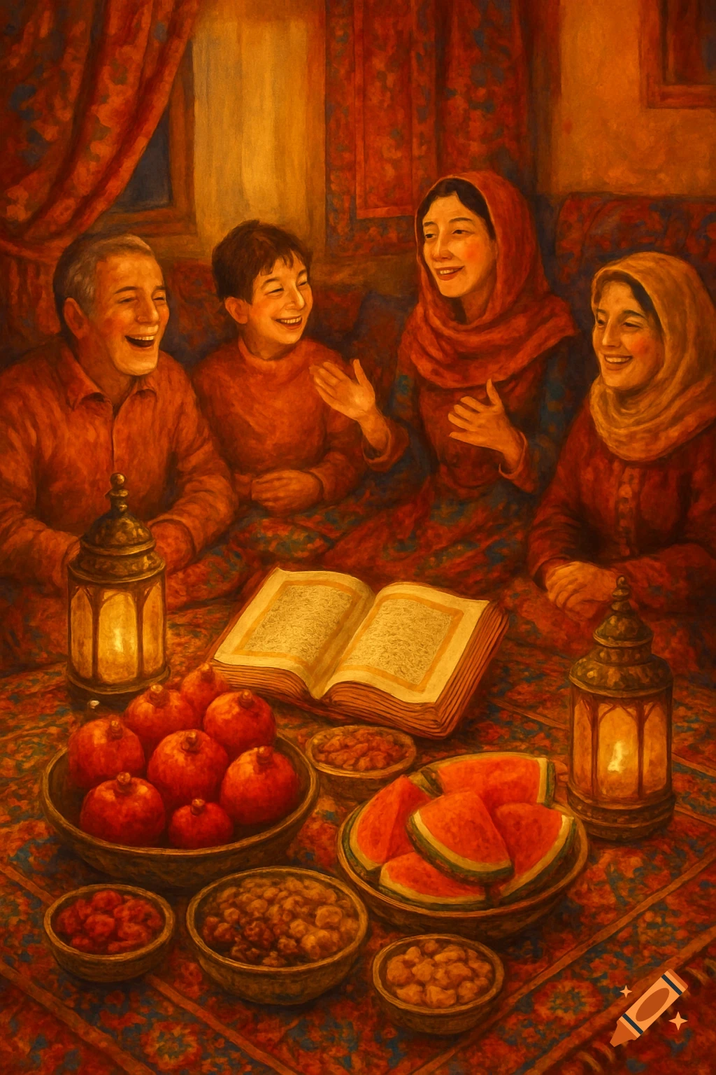 A family celebrates around a table with pomegranates, watermelon, nuts, and an open book, lit by lanterns, in a warm, painterly style.