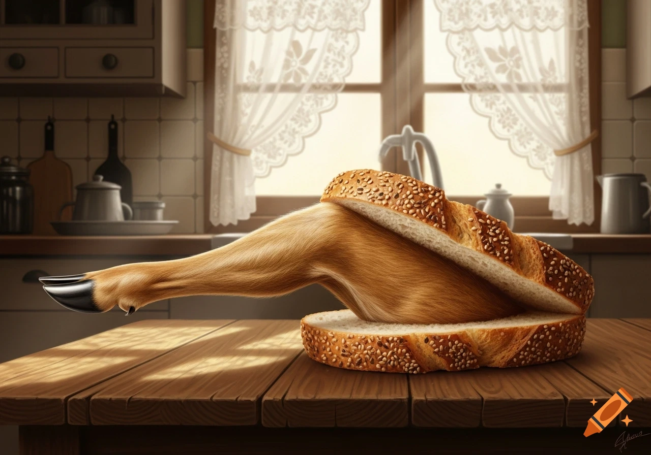 A realistic image of a deer leg with a hoof sticking out from between two slices of sesame seed bread, like a sandwich, on a wooden kitchen counter.