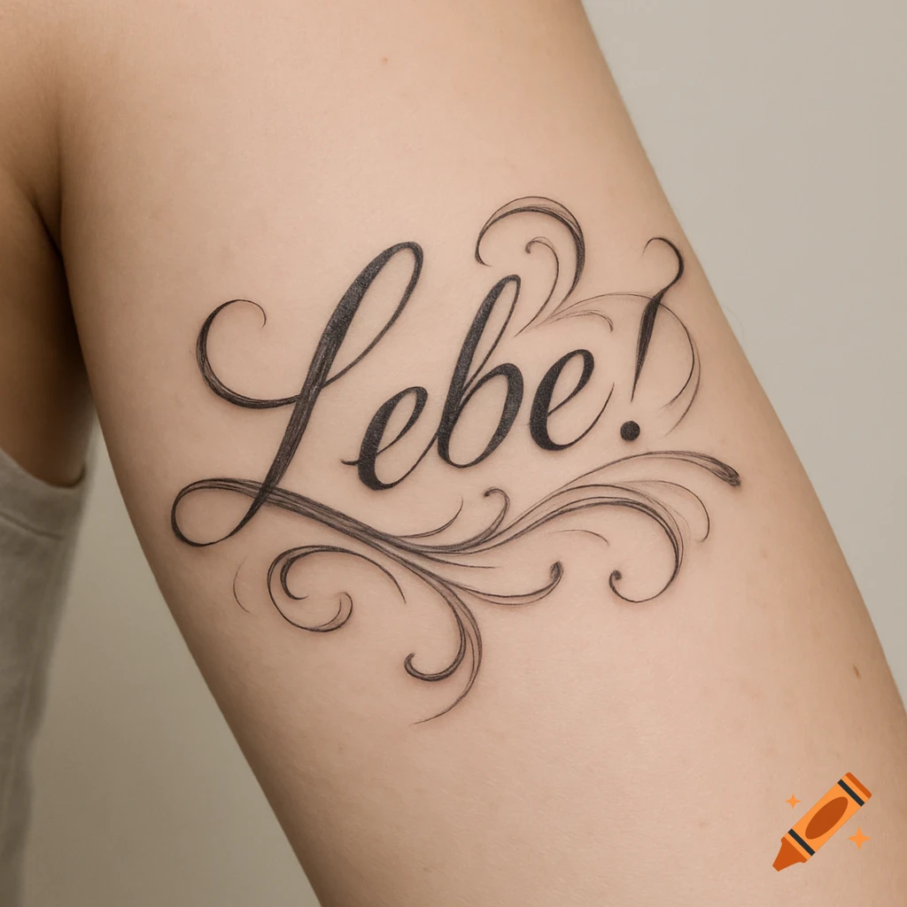 A close-up of a calligraphic tattoo on an arm, reading 'Lebe!' with decorative swirls.