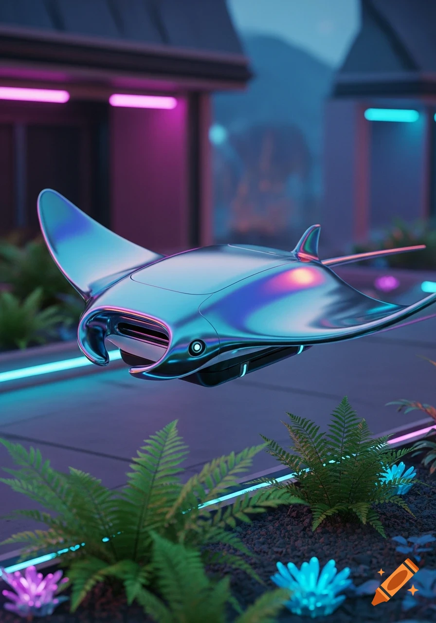 A chrome manta-shaped floating device hovers over glowing plants and a path with neon lights in a futuristic setting.