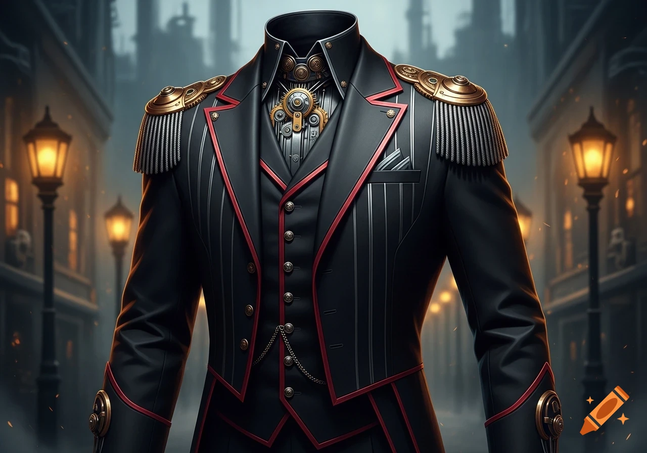 A black and red steampunk suit with gold epaulets and gear details, worn by a headless figure in a dimly lit street.