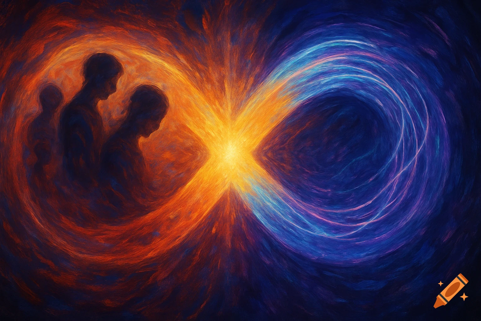 Abstract painting of an infinity symbol with dark, contemplative figures in warm hues on the left and cool hues on the right, converging at a bright center.