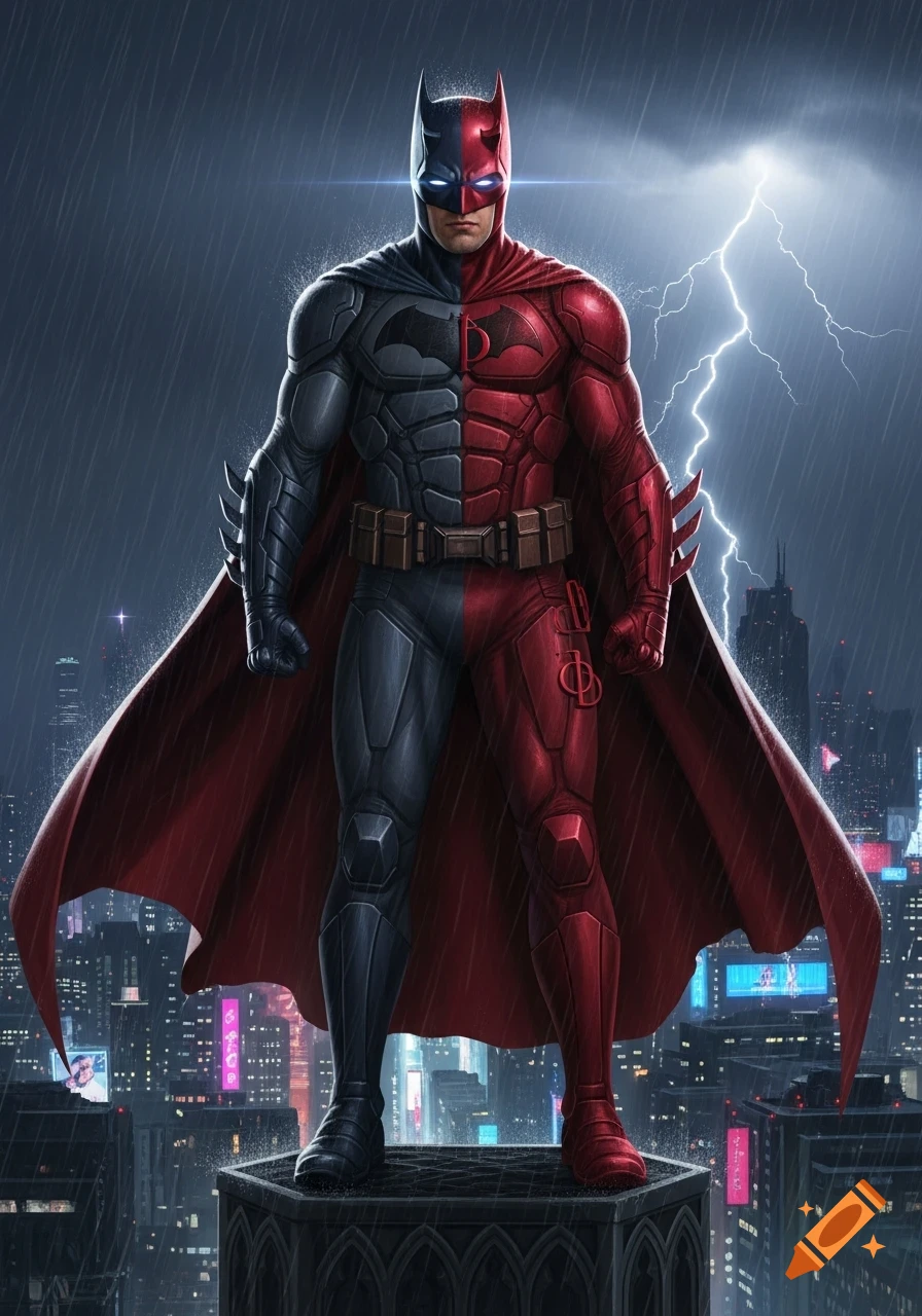 A character combining Batman and Daredevil stands on a skyscraper in a rainy, lightning-filled cityscape, wearing a suit split between dark grey and red, featuring both heroes' chest symbols.