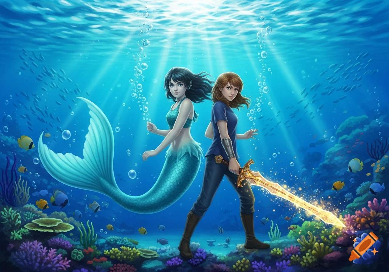A mermaid girl and a human girl with a glowing sword stand in a vibrant underwater coral reef, illuminated by sunlight.
