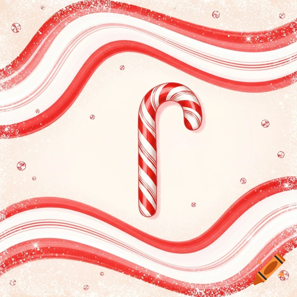 A single red and white striped candy cane stands against a festive background of swirling red and white glittery ribbons.