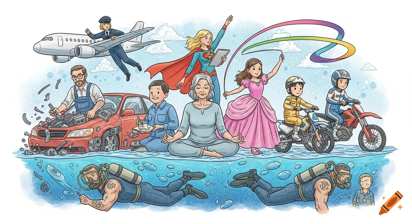 Detailed cartoon illustration depicting various characters: a female pilot, a mechanic, a meditating elderly woman, a superhero, a princess with a ribbon, boys on motorbikes, and scuba divers underwater.