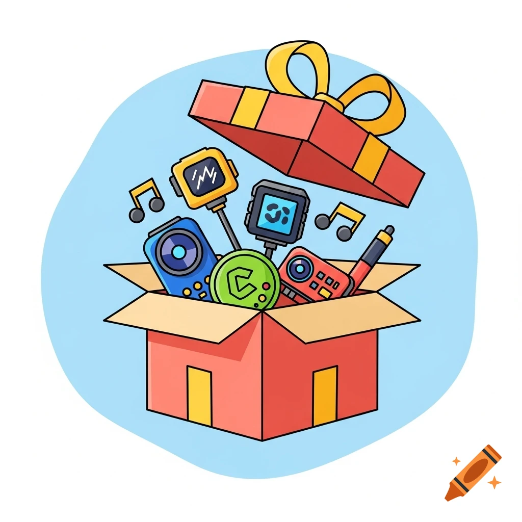 A vibrant cartoon illustration of a red gift box with yellow ribbon, overflowing with various colorful electronic gadgets and music notes, on a light blue background.