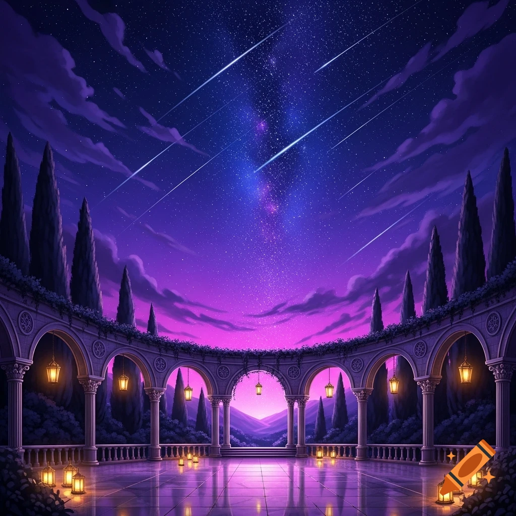 A majestic classical colonnade under a vibrant purple and blue night sky filled with stars and shooting stars, illuminated by lanterns.