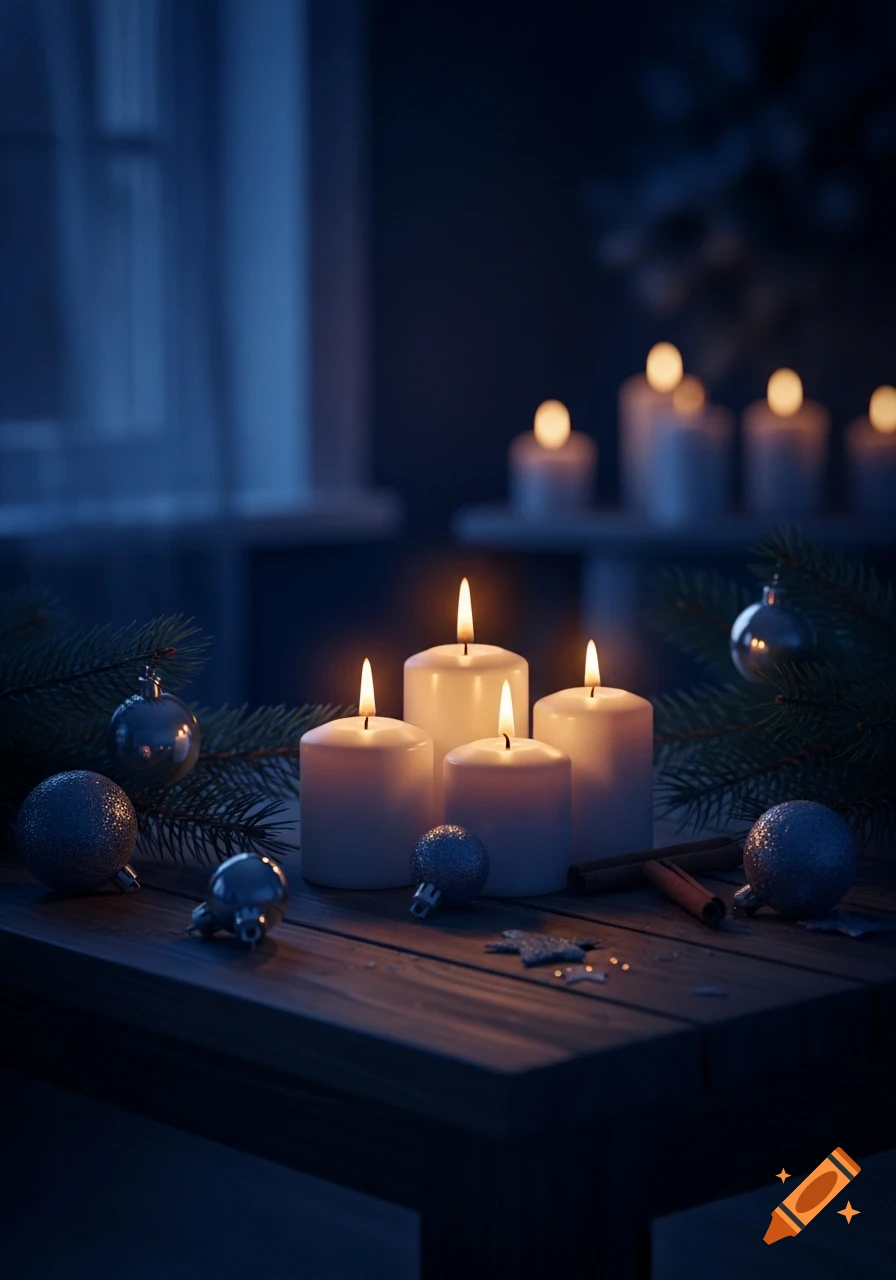 A cozy, dark blue-toned photorealistic image of four lit white candles surrounded by silver Christmas ornaments and pine branches on a wooden table.