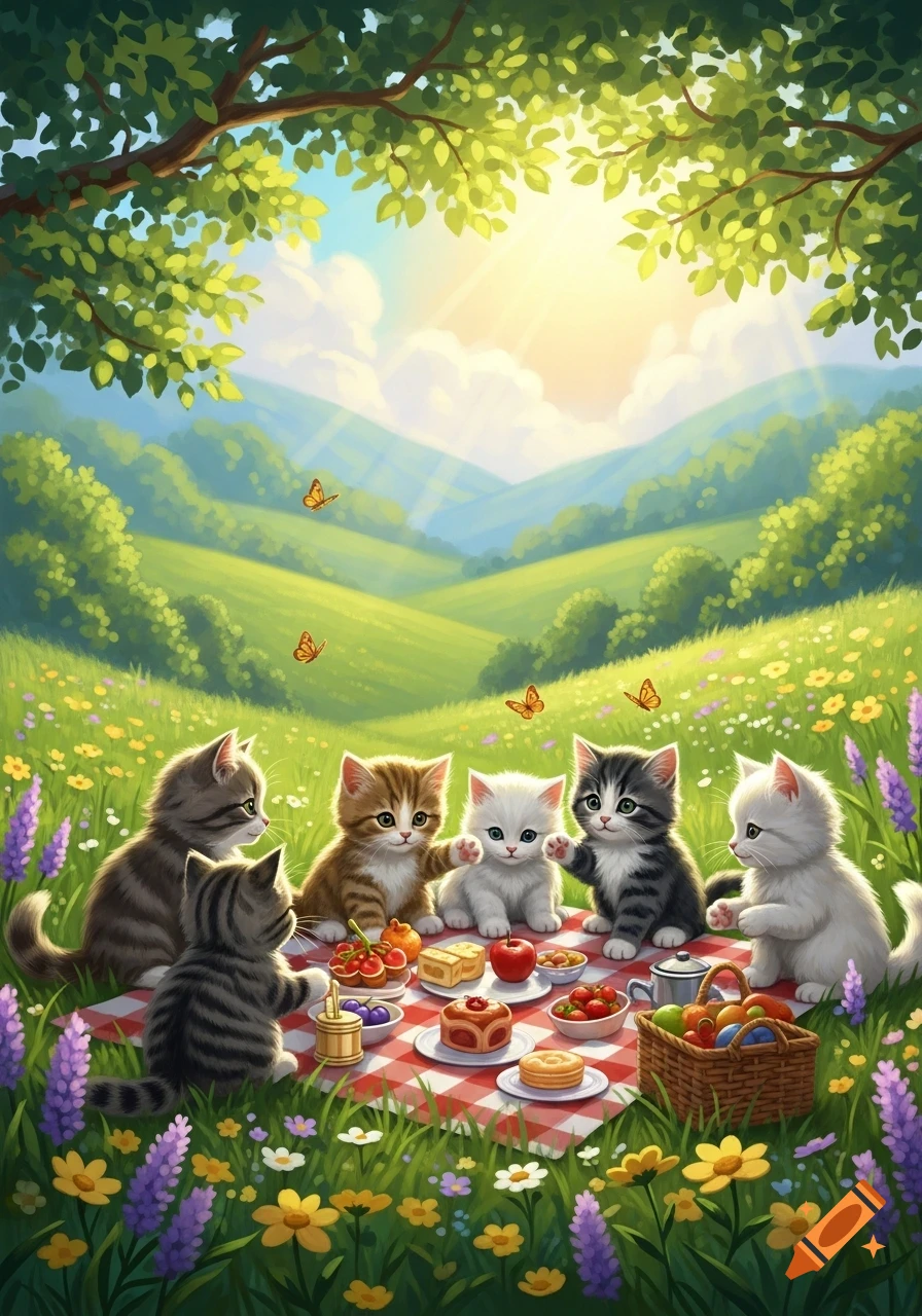 Several cute kittens have a picnic on a red checkered blanket in a sunny, flower-filled meadow with green hills and trees.
