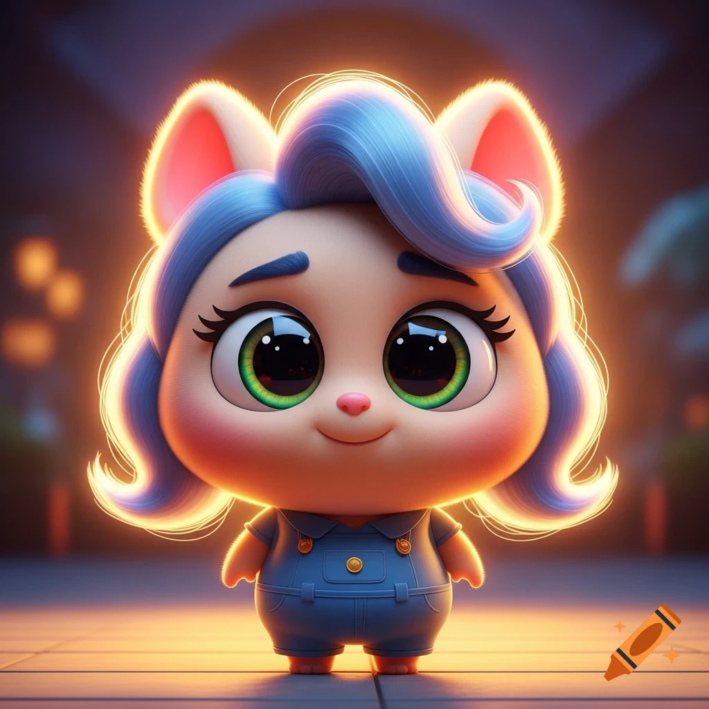 A cute 3D cartoon character with big green eyes, blue hair, and animal ears, wearing blue overalls, glowing against a warm background in Pixar style.