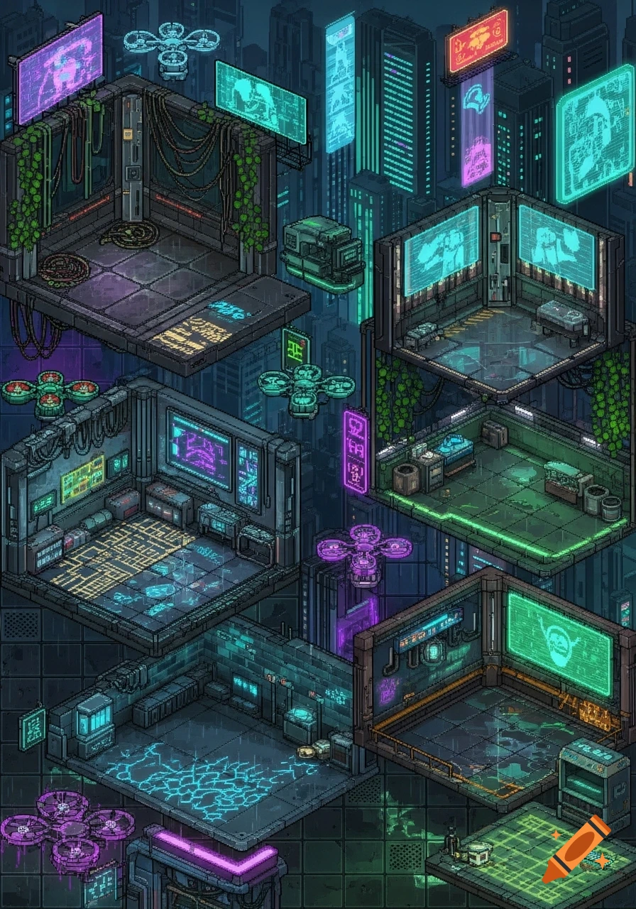 Isometric pixel art cityscape depicting cyberpunk building tiles with ...