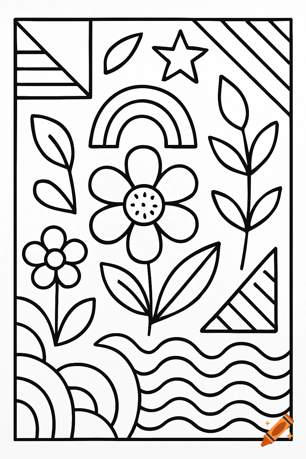 Black and white line art coloring page with a large flower, smaller flower, leaves, rainbow, star, and geometric patterns.