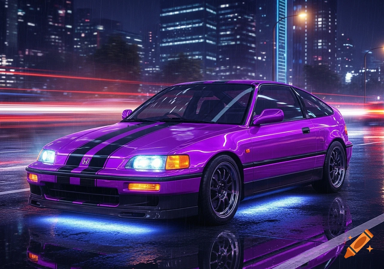 Purple Honda CRX with black racing stripes and blue underglow on a wet city street at night, with blurred urban lights.