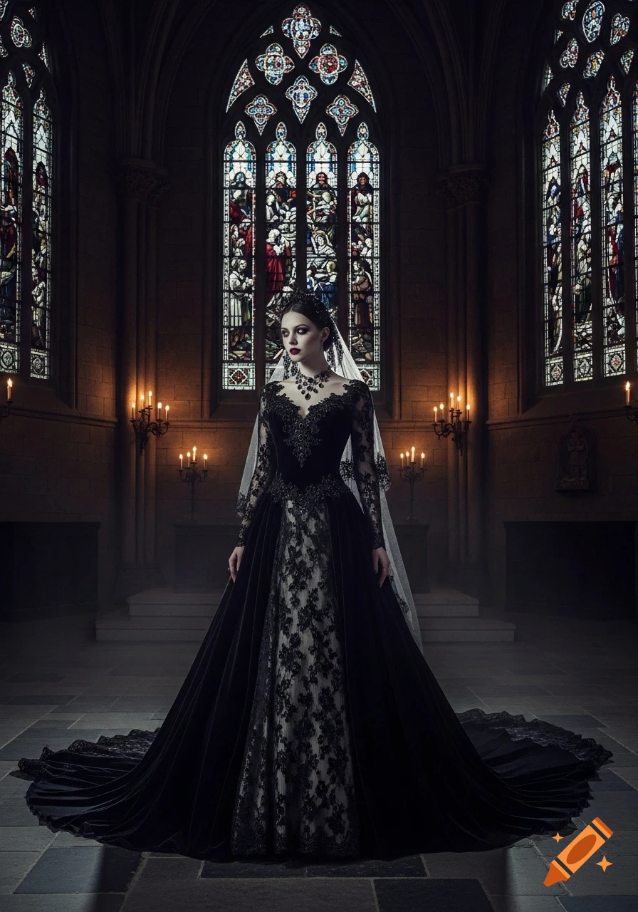Woman in a long black gothic wedding dress with lace and train standing in a dark, ornate church with stained glass windows.