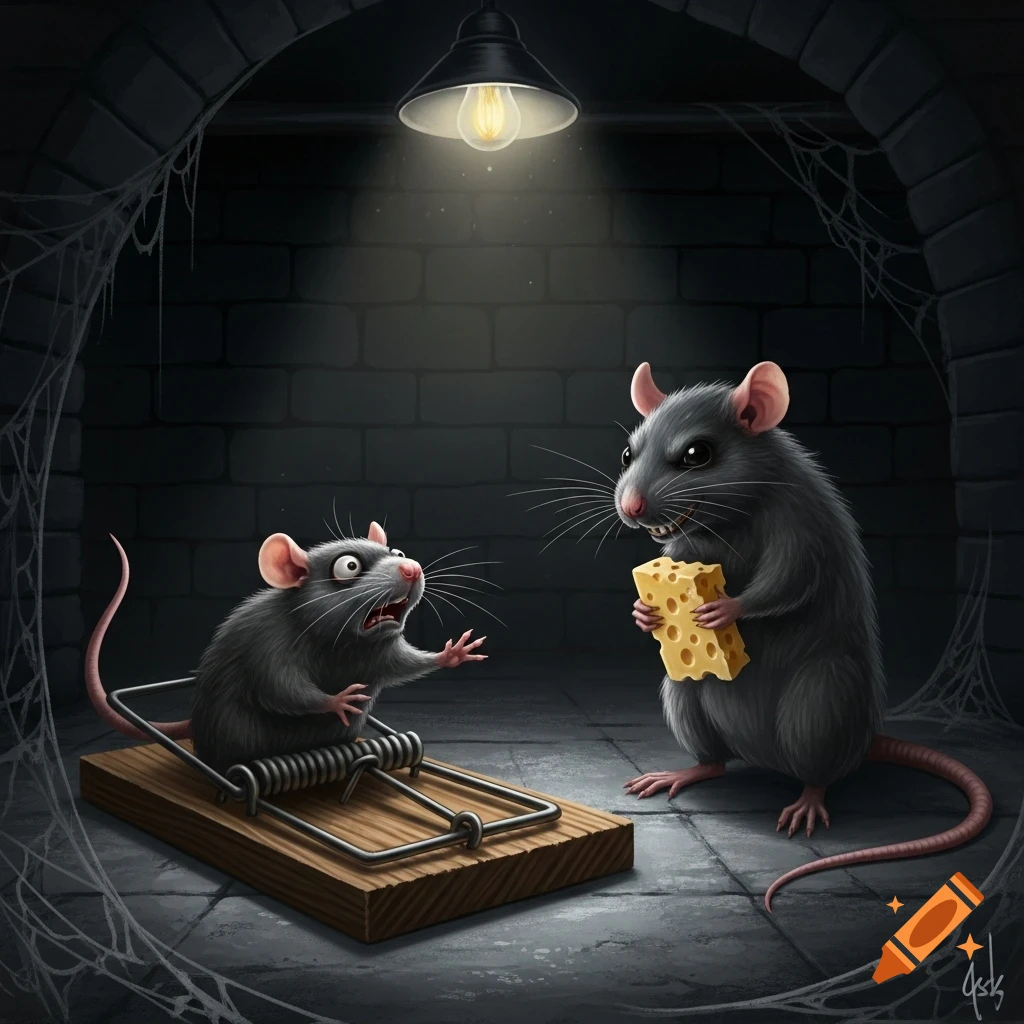 Cartoon of a scared rat caught in a mousetrap, eyed by another aggressive rat holding cheese in a dark, gloomy setting.