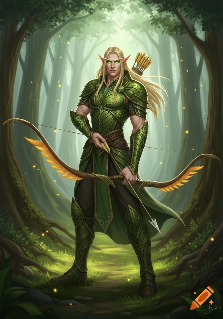 A male high elf with long blonde hair and green eyes, clad in green armor, stands holding a longbow in a lush forest.