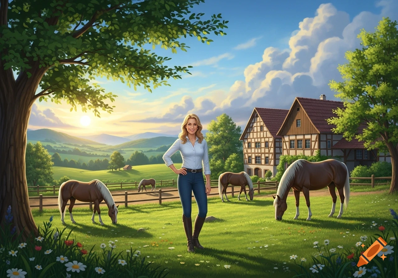 A smiling woman stands in a vibrant green field with horses, a picturesque house, and mountains at sunset, digital art.
