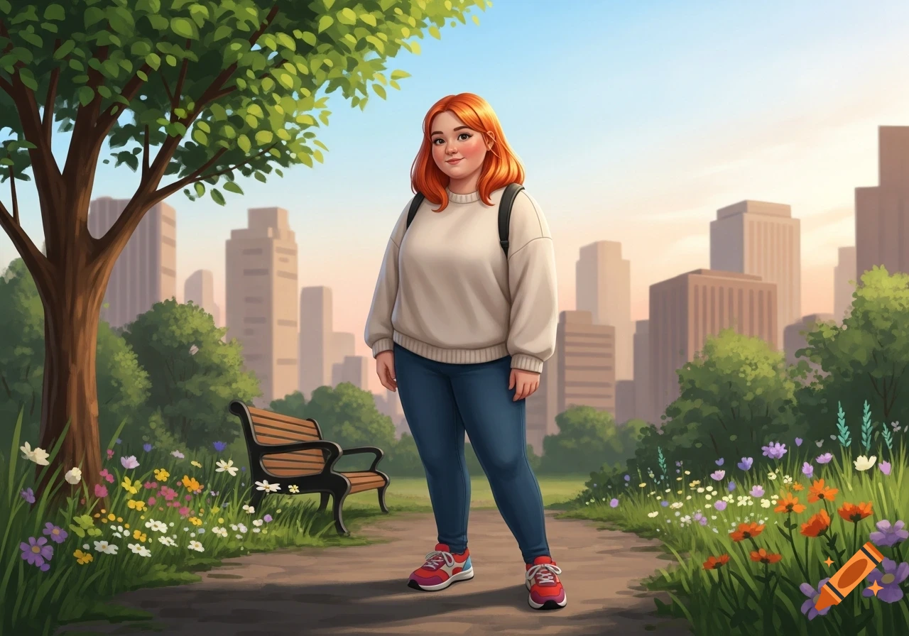 Cartoon illustration of a young woman with red hair and a backpack standing on a park path amidst flowers and trees, with a city skyline in the background.