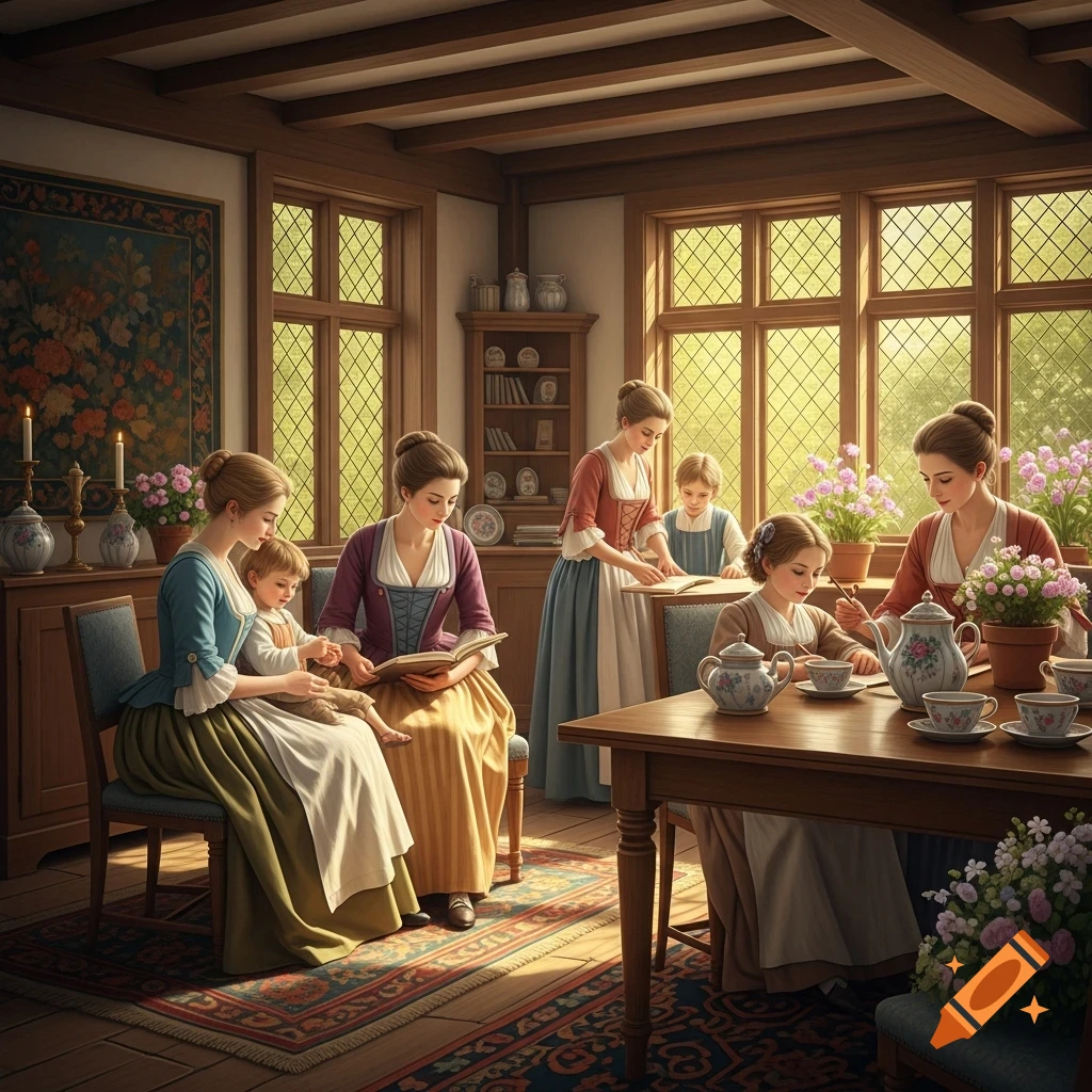 Several women and children in 18th-century clothing in a sunlit room, engaged in reading and tea time.